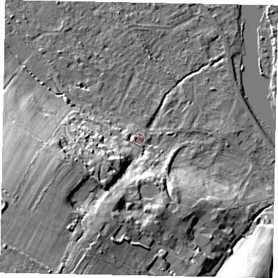 Shaded relief map of the ground around SL42LP, computed from Environment Agency LiDAR. The ground here sits at about 20 m above sea level and falls 31 m across the surrounding 800 m. Surface water reaching this point runs off ground lying to the south-west, 12.3 m higher.