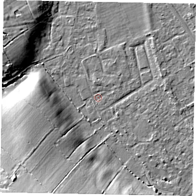 Shaded relief map of the ground around SL42LQ, computed from Environment Agency LiDAR. The ground here sits at about 18 m above sea level and falls 17 m across the surrounding 800 m. Surface water reaching this point runs off ground lying to the north-north-west, 1.2 m higher.