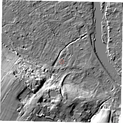 Shaded relief map of the ground around SL42LR, computed from Environment Agency LiDAR. The ground here sits at about 17 m above sea level and falls 29 m across the surrounding 800 m. Surface water reaching this point runs off ground lying to the south-west, 28.3 m higher.