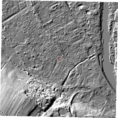 Shaded relief map of the ground around SL42LS, computed from Environment Agency LiDAR. The ground here sits at about 17 m above sea level and falls 29 m across the surrounding 800 m. Surface water reaching this point runs off ground lying to the south-west, 25.8 m higher.