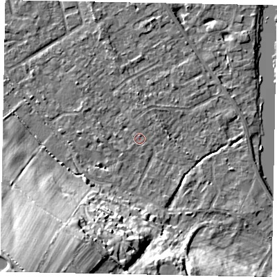 Shaded relief map of the ground around SL42LT, computed from Environment Agency LiDAR. The ground here sits at about 18 m above sea level and falls 28 m across the surrounding 800 m. Surface water reaching this point runs off ground lying to the north, 2.1 m higher.