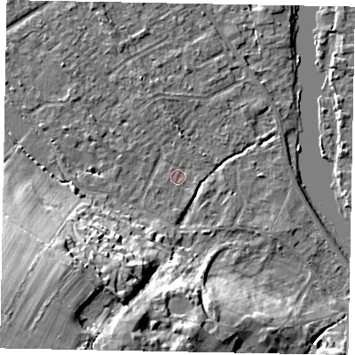 Shaded relief map of the ground around SL42LU, computed from Environment Agency LiDAR. The ground here sits at about 17 m above sea level and falls 29 m across the surrounding 800 m. Surface water reaching this point runs off ground lying to the south-west, 27.2 m higher.