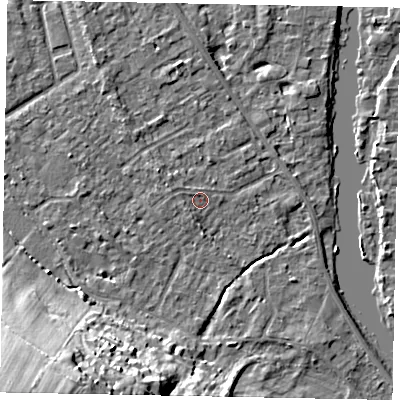 Shaded relief map of the ground around SL42LX, computed from Environment Agency LiDAR. The ground here sits at about 18 m above sea level and falls 25 m across the surrounding 800 m. Surface water reaching this point runs off ground lying to the west-south-west, 1.2 m higher.