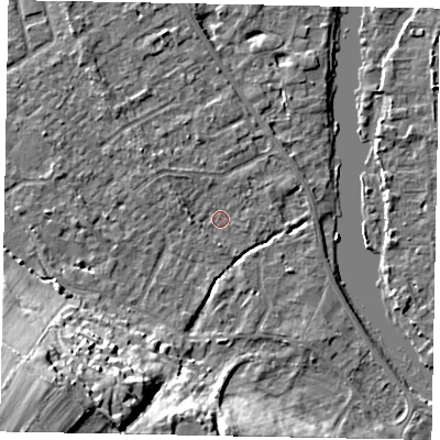 Shaded relief map of the ground around SL42LY, computed from Environment Agency LiDAR. The ground here sits at about 17 m above sea level and falls 27 m across the surrounding 800 m. Surface water reaching this point runs off ground lying to the north-west, 1.7 m higher.