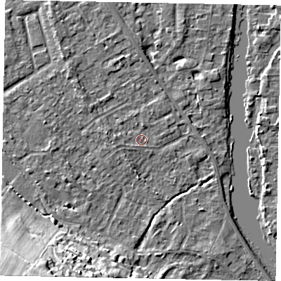 Shaded relief map of the ground around SL42LZ, computed from Environment Agency LiDAR. The ground here sits at about 18 m above sea level and falls 23 m across the surrounding 800 m. Surface water reaching this point runs off ground lying to the west, 1.3 m higher.