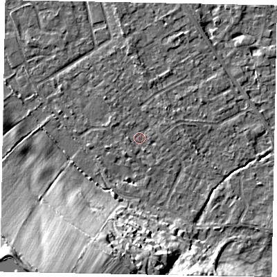 Shaded relief map of the ground around SL42NA, computed from Environment Agency LiDAR. The ground here sits at about 18 m above sea level and falls 27 m across the surrounding 800 m. Surface water reaching this point runs off ground lying to the south-west, 1.4 m higher.
