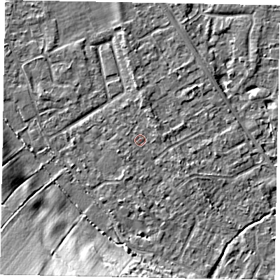 Shaded relief map of the ground around SL42NB, computed from Environment Agency LiDAR. The ground here sits at about 18 m above sea level and falls 19 m across the surrounding 800 m. Surface water reaching this point runs off ground lying to the north, 1.5 m higher.