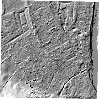 Shaded relief map of the ground around SL42ND, computed from Environment Agency LiDAR. The ground here sits at about 18 m above sea level and falls 19 m across the surrounding 800 m. Surface water reaching this point runs off ground lying to the south-south-west, 1.7 m higher.