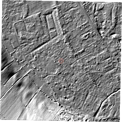 Shaded relief map of the ground around SL42NE, computed from Environment Agency LiDAR. The ground here sits at about 18 m above sea level and falls 21 m across the surrounding 800 m. Surface water reaching this point runs off ground lying to the north-north-east, 1.6 m higher.