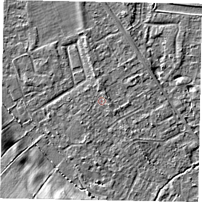 Shaded relief map of the ground around SL42NF, computed from Environment Agency LiDAR. The ground here sits at about 18 m above sea level and falls 17 m across the surrounding 800 m. Surface water reaching this point runs off ground lying to the north, 1.3 m higher.