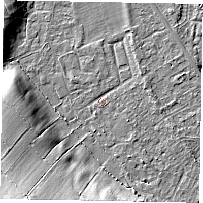 Shaded relief map of the ground around SL42NG, computed from Environment Agency LiDAR. The ground here sits at about 18 m above sea level and falls 18 m across the surrounding 800 m. Surface water reaching this point runs off ground lying to the south-west, 17.1 m higher.