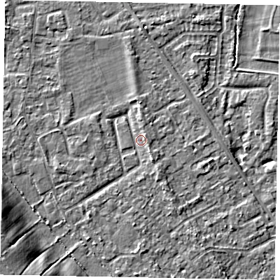 Shaded relief map of the ground around SL42NH, computed from Environment Agency LiDAR. The ground here sits at about 18 m above sea level and falls 12 m across the surrounding 800 m. Surface water reaching this point runs off ground lying to the south-south-east, 2.2 m higher.