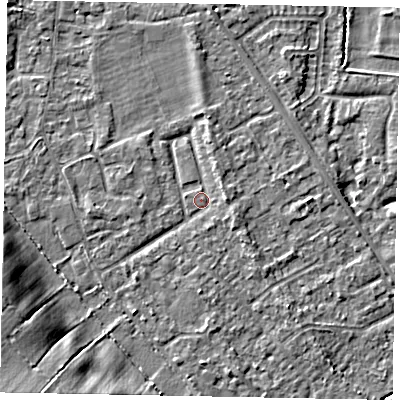 Shaded relief map of the ground around SL42NJ, computed from Environment Agency LiDAR. The ground here sits at about 18 m above sea level and falls 14 m across the surrounding 800 m. Surface water reaching this point runs off ground lying to the east, 1.9 m higher.