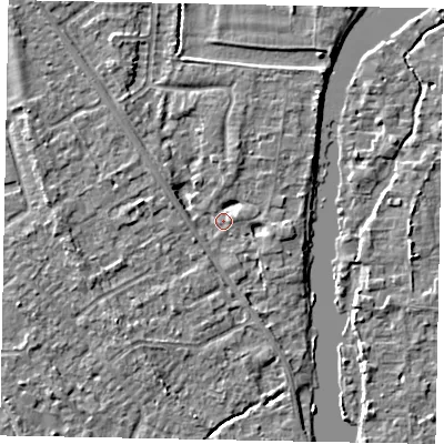 Shaded relief map of the ground around SL42NP, computed from Environment Agency LiDAR. The ground here sits at about 17 m above sea level and falls 4 m across the surrounding 800 m. Surface water reaching this point runs off ground lying to the south-west, 3.6 m higher.
