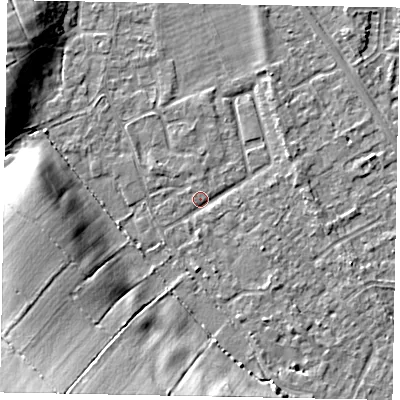 Shaded relief map of the ground around SL42NQ, computed from Environment Agency LiDAR. The ground here sits at about 18 m above sea level and falls 17 m across the surrounding 800 m. Surface water reaching this point runs off ground lying to the south-west, 16.2 m higher.