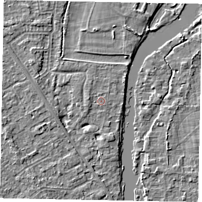 Shaded relief map of the ground around SL42NR, computed from Environment Agency LiDAR. The ground here sits at about 17 m above sea level and falls 4 m across the surrounding 800 m. Surface water reaching this point runs off ground lying to the west-north-west, 1.2 m higher.
