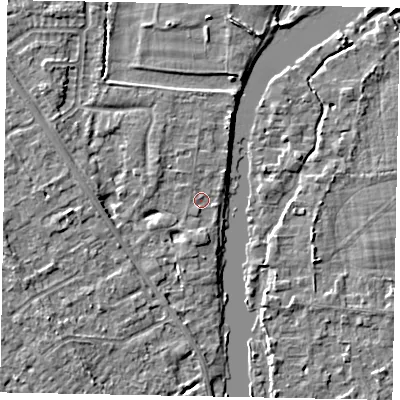 Shaded relief map of the ground around SL42NS, computed from Environment Agency LiDAR. The ground here sits at about 17 m above sea level and falls 4 m across the surrounding 800 m. Surface water reaching this point runs off ground lying to the south, 1.3 m higher.
