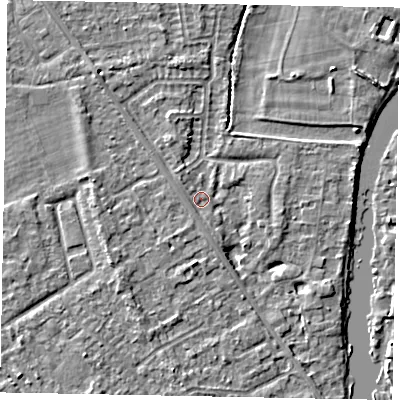 Shaded relief map of the ground around SL42NT, computed from Environment Agency LiDAR. The ground here sits at about 18 m above sea level and falls 4 m across the surrounding 800 m. Surface water reaching this point runs off ground lying to the north-west, 1.0 m higher.