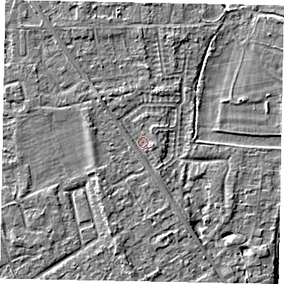 Shaded relief map of the ground around SL42NU, computed from Environment Agency LiDAR. The ground here sits at about 18 m above sea level and falls 4 m across the surrounding 800 m. Surface water reaching this point runs off ground lying to the east-south-east, 1.0 m higher.