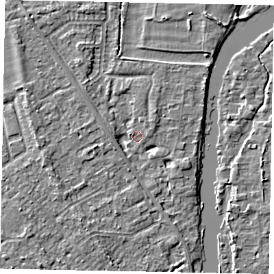 Shaded relief map of the ground around SL42NW, computed from Environment Agency LiDAR. The ground here sits at about 17 m above sea level and falls 4 m across the surrounding 800 m. Surface water reaching this point runs off ground lying to the south-west, 3.6 m higher.