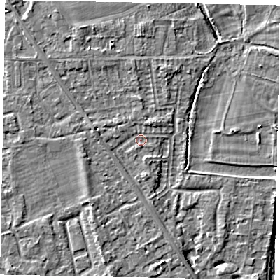 Shaded relief map of the ground around SL42NX, computed from Environment Agency LiDAR. The ground here sits at about 18 m above sea level and falls 4 m across the surrounding 800 m. Surface water reaching this point runs off ground lying to the west, 1.6 m higher.