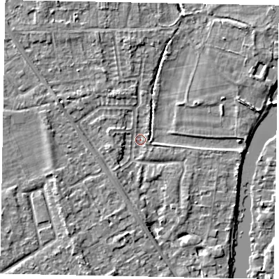 Shaded relief map of the ground around SL42NY, computed from Environment Agency LiDAR. The ground here sits at about 17 m above sea level and falls 4 m across the surrounding 800 m. Surface water reaching this point runs off ground lying to the west-north-west, 2.3 m higher.