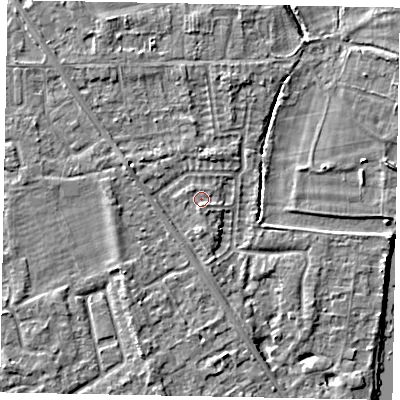 Shaded relief map of the ground around SL42NZ, computed from Environment Agency LiDAR. The ground here sits at about 18 m above sea level and falls 4 m across the surrounding 800 m. Surface water reaching this point runs off ground lying to the south, 1.1 m higher.