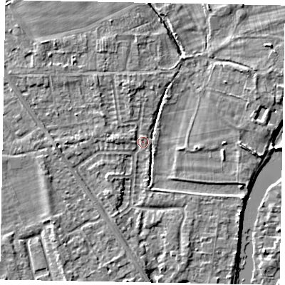 Shaded relief map of the ground around SL42PA, computed from Environment Agency LiDAR. The ground here sits at about 17 m above sea level and falls 4 m across the surrounding 800 m. Surface water reaching this point runs off ground lying to the west, 2.3 m higher.