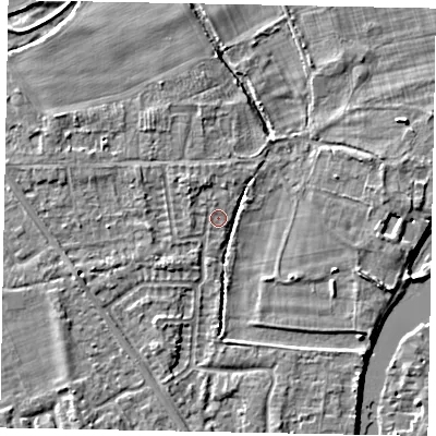 Shaded relief map of the ground around SL42PB, computed from Environment Agency LiDAR. The ground here sits at about 18 m above sea level and falls 4 m across the surrounding 800 m. Surface water reaching this point runs off ground lying to the north, 1.6 m higher.