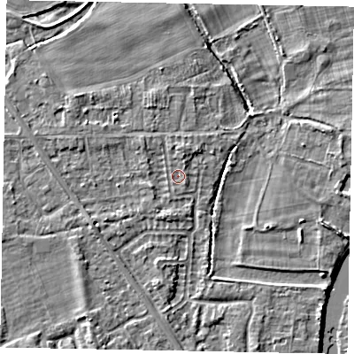 Shaded relief map of the ground around SL42PD, computed from Environment Agency LiDAR. The ground here sits at about 18 m above sea level and falls 4 m across the surrounding 800 m. Surface water reaching this point runs off ground lying to the west-south-west, 2.2 m higher.