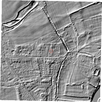Shaded relief map of the ground around SL42PF, computed from Environment Agency LiDAR. The ground here sits at about 18 m above sea level and falls 4 m across the surrounding 800 m. Surface water reaching this point runs off ground lying to the north-west, 0.8 m higher.