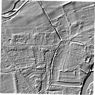 Shaded relief map of the ground around SL42PG, computed from Environment Agency LiDAR. The ground here sits at about 18 m above sea level and falls 4 m across the surrounding 800 m. Surface water reaching this point runs off ground lying to the west-north-west, 1.3 m higher.