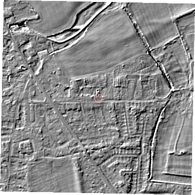 Shaded relief map of the ground around SL42PH, computed from Environment Agency LiDAR. The ground here sits at about 18 m above sea level and falls 4 m across the surrounding 800 m. Surface water reaching this point runs off ground lying to the north-west, 1.3 m higher.