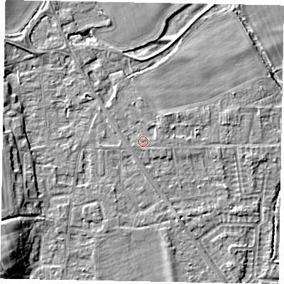 Shaded relief map of the ground around SL42PJ, computed from Environment Agency LiDAR. The ground here sits at about 18 m above sea level and falls 9 m across the surrounding 800 m. Surface water reaching this point runs off ground lying to the east-south-east, 0.5 m higher.