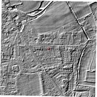 Shaded relief map of the ground around SL42PL, computed from Environment Agency LiDAR. The ground here sits at about 18 m above sea level and falls 4 m across the surrounding 800 m. Surface water reaching this point runs off ground lying to the west, 0.5 m higher.