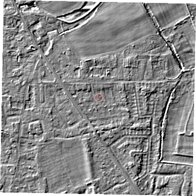 Shaded relief map of the ground around SL42PN, computed from Environment Agency LiDAR. The ground here sits at about 18 m above sea level and falls 4 m across the surrounding 800 m. Surface water reaching this point runs off ground lying to the north-west, 0.9 m higher.