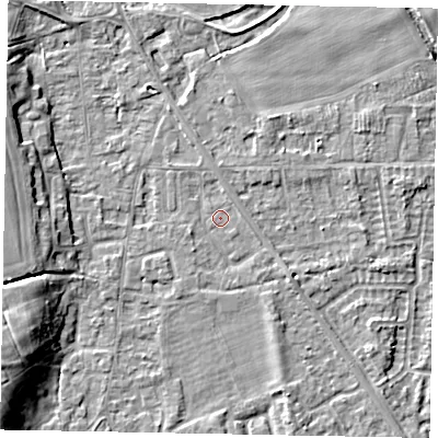 Shaded relief map of the ground around SL42PP, computed from Environment Agency LiDAR. The ground here sits at about 18 m above sea level and falls 9 m across the surrounding 800 m. Surface water reaching this point runs off ground lying to the south-east, 1.5 m higher.
