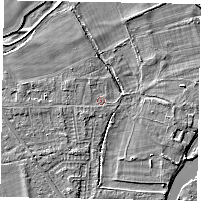 Shaded relief map of the ground around SL42PQ, computed from Environment Agency LiDAR. The ground here sits at about 18 m above sea level and falls 4 m across the surrounding 800 m. Surface water reaching this point runs off ground lying to the west-north-west, 1.5 m higher.