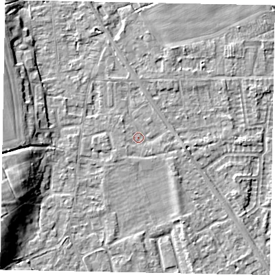 Shaded relief map of the ground around SL42PR, computed from Environment Agency LiDAR. The ground here sits at about 18 m above sea level and falls 9 m across the surrounding 800 m. Surface water reaching this point runs off ground lying to the east-south-east, 1.5 m higher.