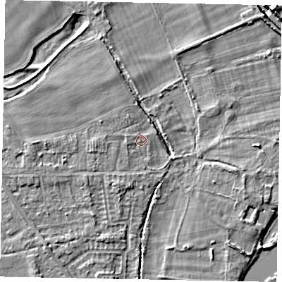 Shaded relief map of the ground around SL42PS, computed from Environment Agency LiDAR. The ground here sits at about 18 m above sea level and falls 6 m across the surrounding 800 m. Surface water reaching this point runs off ground lying to the west-north-west, 0.7 m higher.