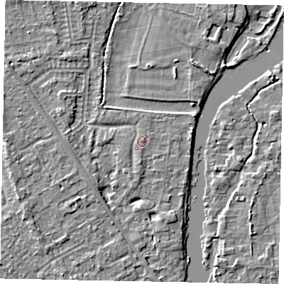 Shaded relief map of the ground around SL42PT, computed from Environment Agency LiDAR. The ground here sits at about 18 m above sea level and falls 4 m across the surrounding 800 m. Surface water reaching this point runs off ground lying to the south, 1.0 m higher.