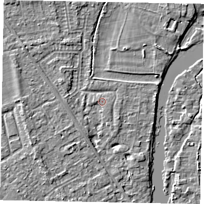 Shaded relief map of the ground around SL42PU, computed from Environment Agency LiDAR. The ground here sits at about 18 m above sea level and falls 4 m across the surrounding 800 m. Surface water reaching this point runs off ground lying to the south-south-west, 3.6 m higher.