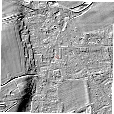 Shaded relief map of the ground around SL42PW, computed from Environment Agency LiDAR. The ground here sits at about 18 m above sea level and falls 12 m across the surrounding 800 m. Surface water reaching this point runs off ground lying to the west-south-west, 9.8 m higher.