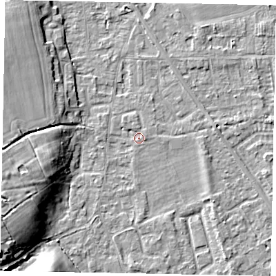 Shaded relief map of the ground around SL42PX, computed from Environment Agency LiDAR. The ground here sits at about 18 m above sea level and falls 11 m across the surrounding 800 m. Surface water reaching this point runs off ground lying to the west-south-west, 10.0 m higher.