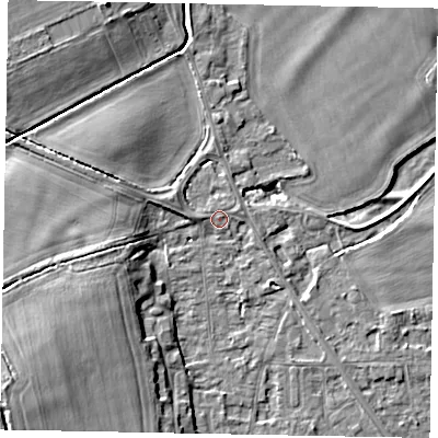 Shaded relief map of the ground around SL42PY, computed from Environment Agency LiDAR. The ground here sits at about 19 m above sea level and falls 12 m across the surrounding 800 m. Surface water reaching this point runs off ground lying to the south-west, 9.9 m higher.
