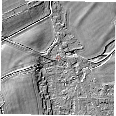 Shaded relief map of the ground around SL42PZ, computed from Environment Agency LiDAR. The ground here sits at about 19 m above sea level and falls 12 m across the surrounding 800 m. Surface water reaching this point runs off ground lying to the east-north-east, 0.7 m higher.
