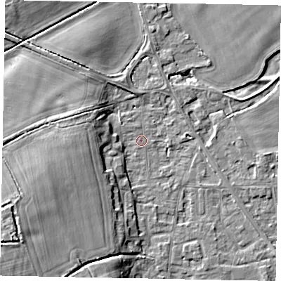 Shaded relief map of the ground around SL42QA, computed from Environment Agency LiDAR. The ground here sits at about 18 m above sea level and falls 13 m across the surrounding 800 m. Surface water reaching this point runs off ground lying to the south-west, 11.8 m higher.