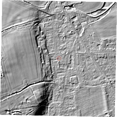 Shaded relief map of the ground around SL42QB, computed from Environment Agency LiDAR. The ground here sits at about 18 m above sea level and falls 13 m across the surrounding 800 m. Surface water reaching this point runs off ground lying to the south-west, 10.9 m higher.