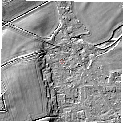 Shaded relief map of the ground around SL42QD, computed from Environment Agency LiDAR. The ground here sits at about 18 m above sea level and falls 13 m across the surrounding 800 m. Surface water reaching this point runs off ground lying to the south-west, 11.6 m higher.