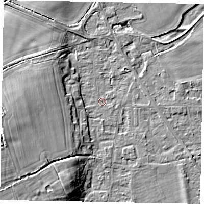 Shaded relief map of the ground around SL42QE, computed from Environment Agency LiDAR. The ground here sits at about 18 m above sea level and falls 13 m across the surrounding 800 m. Surface water reaching this point runs off ground lying to the west-south-west, 11.9 m higher.